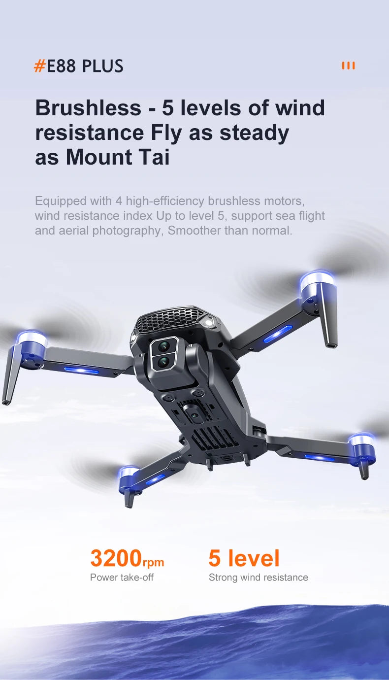 E88 plus Brushless Optical Flow Drone - Best Gift for Kids - RC Helicopter with Camera 3-6 Axis Gyro WiFi Live Video Drone