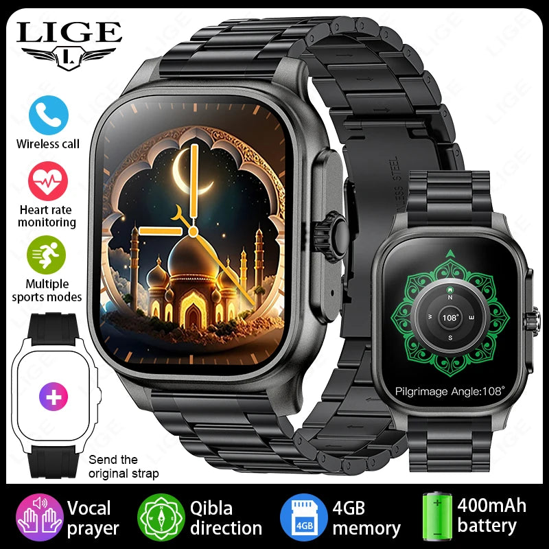 LIGE New MUSLIM Smart Watch with Qibla Pointer Voice Prayer 2.01" HD Display 400mAh Sport Health Bluetooth Call Smartwatch Men