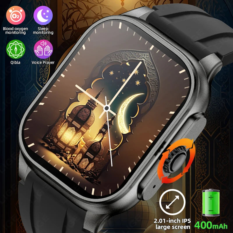 LIGE New MUSLIM Smart Watch with Qibla Pointer Voice Prayer 2.01" HD Display 400mAh Sport Health Bluetooth Call Smartwatch Men