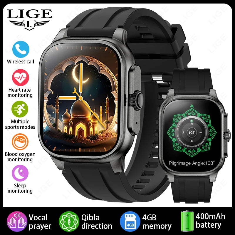 LIGE New MUSLIM Smart Watch with Qibla Pointer Voice Prayer 2.01" HD Display 400mAh Sport Health Bluetooth Call Smartwatch Men