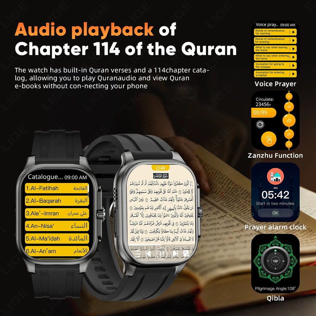 LIGE New MUSLIM Smart Watch with Qibla Pointer Voice Prayer 2.01" HD Display 400mAh Sport Health Bluetooth Call Smartwatch Men