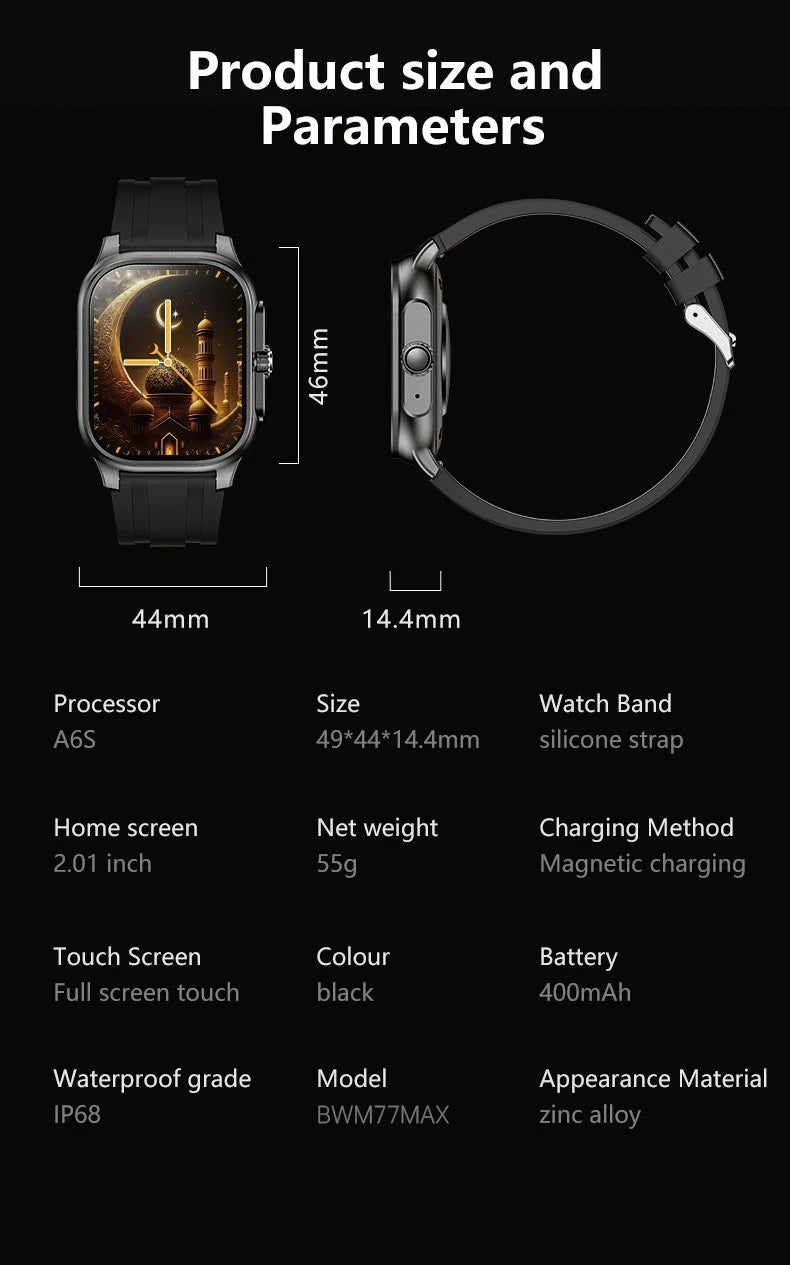 LIGE New MUSLIM Smart Watch with Qibla Pointer Voice Prayer 2.01" HD Display 400mAh Sport Health Bluetooth Call Smartwatch Men