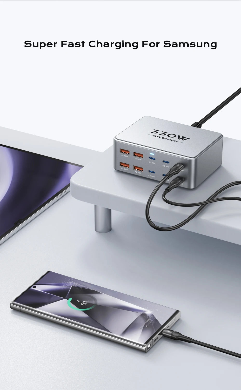 330W USB C GaN Charger 100W PD3.0 PPS QC3.0 Multiport Fast Charging Station For Laptop iPhone 15 16 Samsung Macbook Pro Tablet