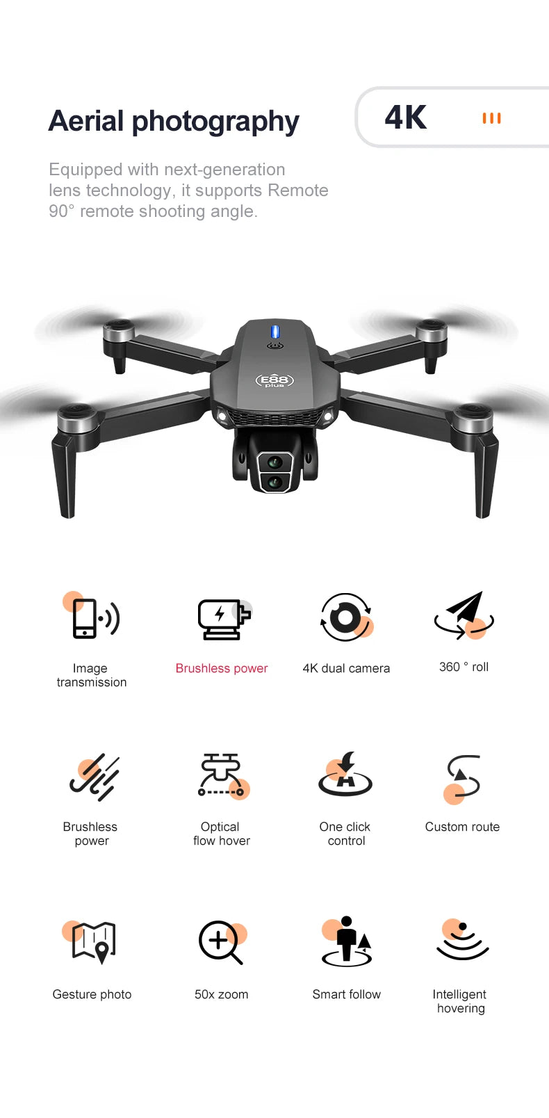 E88 plus Brushless Optical Flow Drone - Best Gift for Kids - RC Helicopter with Camera 3-6 Axis Gyro WiFi Live Video Drone