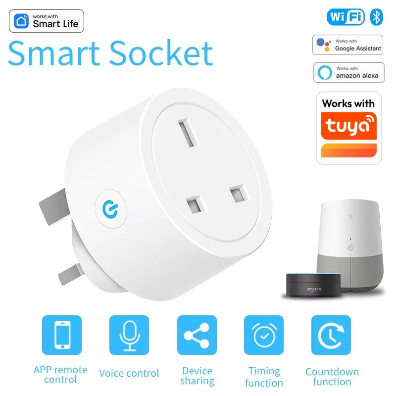 Tuya Smart Plug WiFi &BT Socket UK 16A with Power Monitor Voice Control Timing Smart Life Control Works with Alexa Google Home