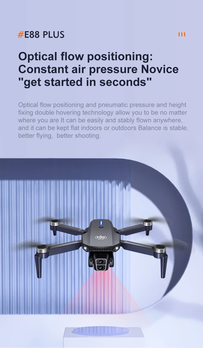 E88 plus Brushless Optical Flow Drone - Best Gift for Kids - RC Helicopter with Camera 3-6 Axis Gyro WiFi Live Video Drone