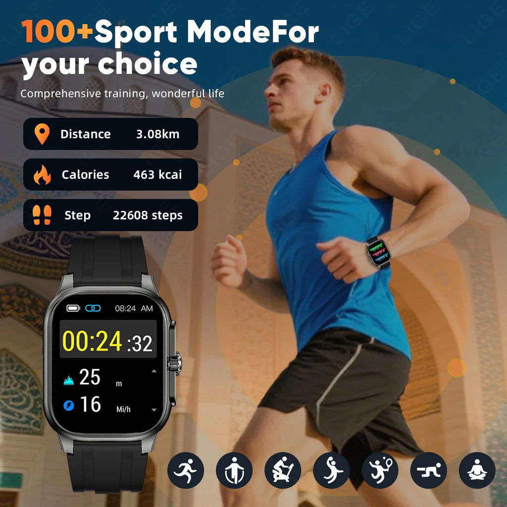 LIGE New MUSLIM Smart Watch with Qibla Pointer Voice Prayer 2.01" HD Display 400mAh Sport Health Bluetooth Call Smartwatch Men