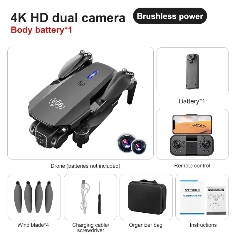 E88 plus Brushless Optical Flow Drone - Best Gift for Kids - RC Helicopter with Camera 3-6 Axis Gyro WiFi Live Video Drone