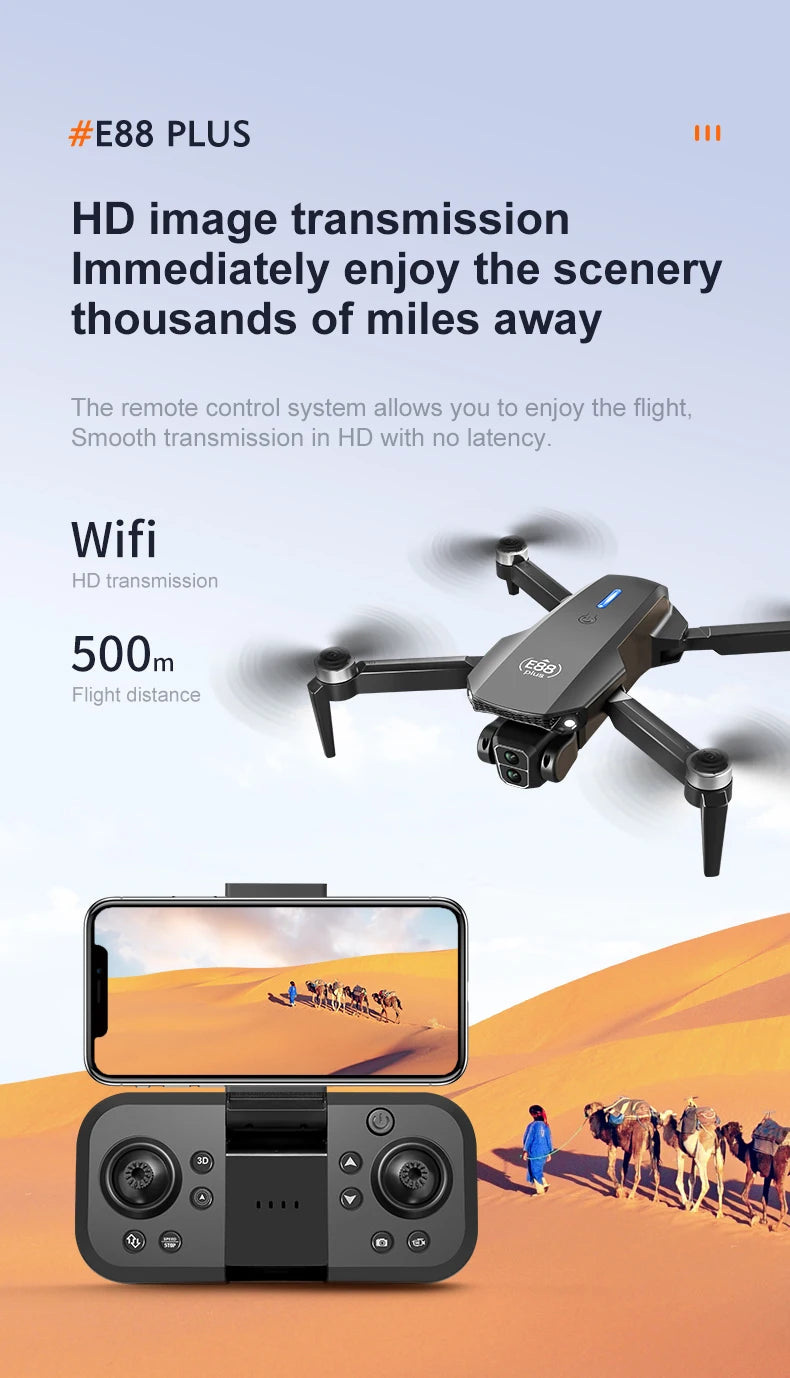 E88 plus Brushless Optical Flow Drone - Best Gift for Kids - RC Helicopter with Camera 3-6 Axis Gyro WiFi Live Video Drone